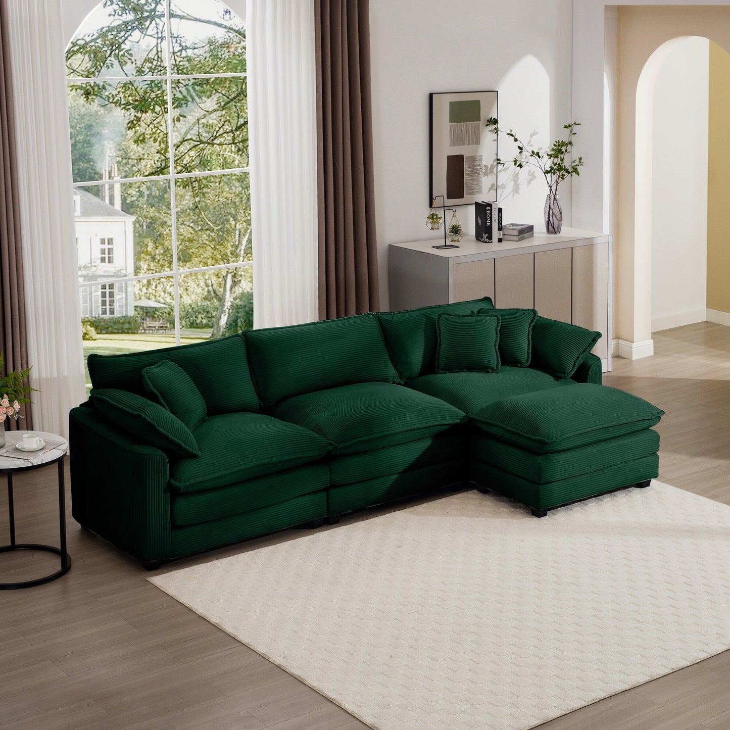 Canapé modulable moderne en velours côtelé, canapé 3 places à assise profonde avec pouf pour salon