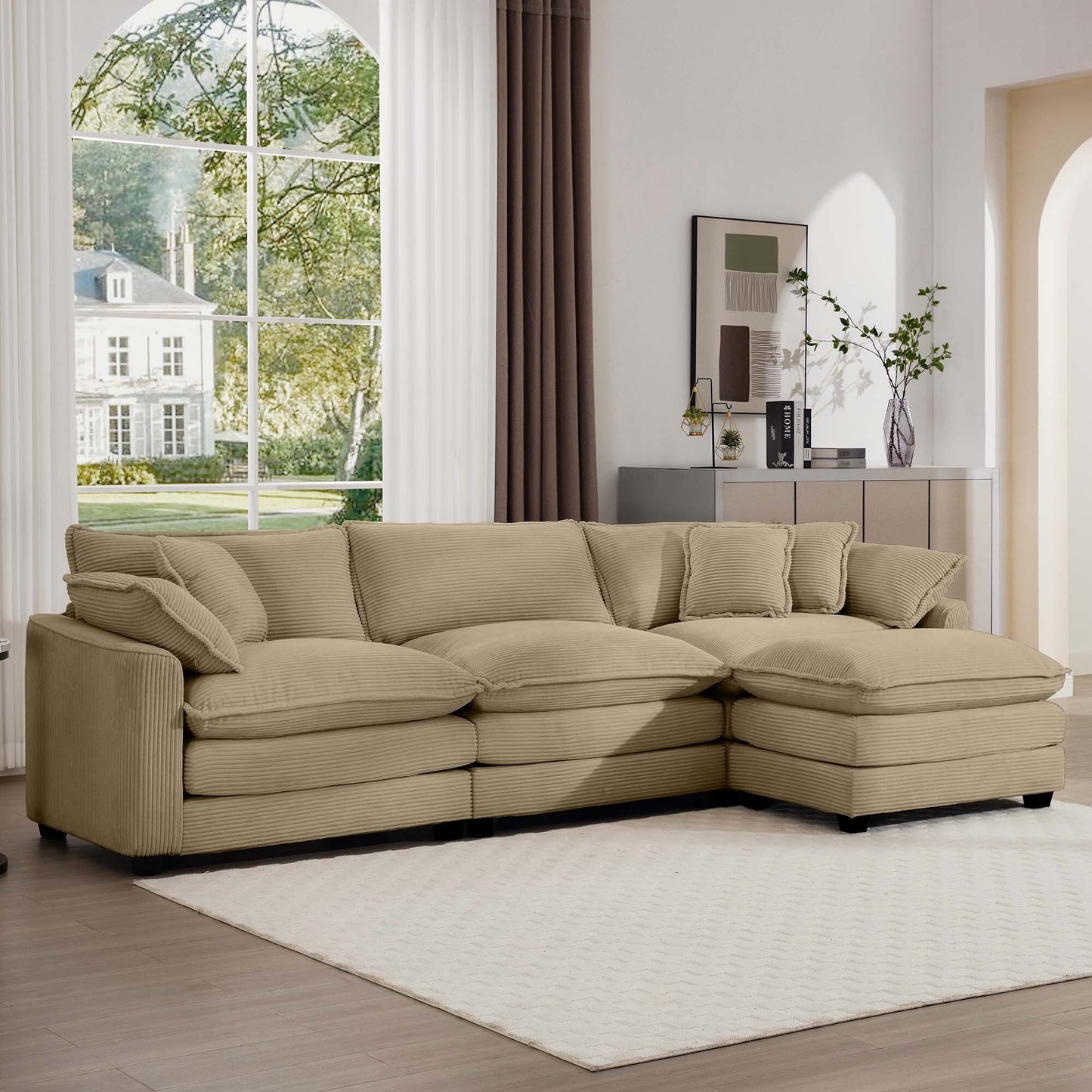 Canapé modulable moderne en velours côtelé, canapé 3 places à assise profonde avec pouf pour salon