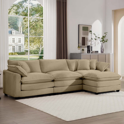 Canapé modulable moderne en velours côtelé, canapé 3 places à assise profonde avec pouf pour salon
