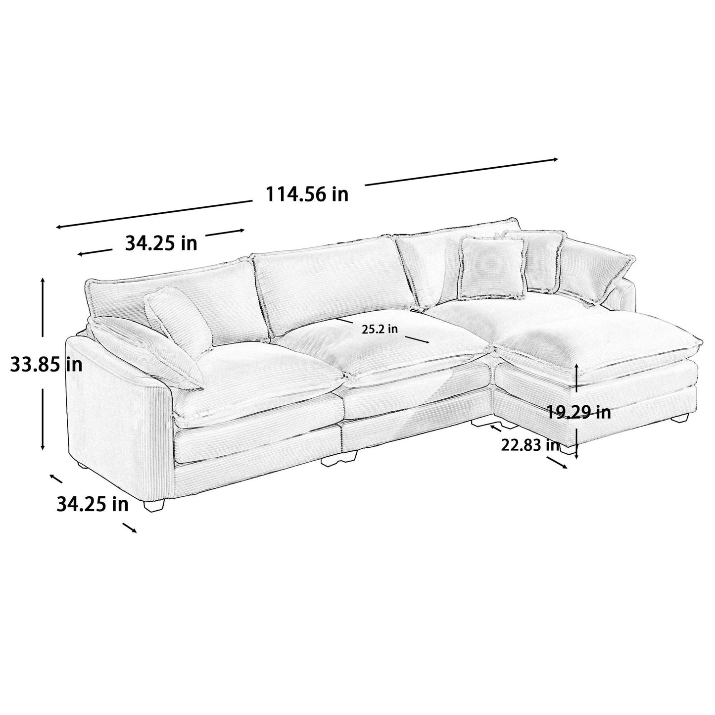 Canapé modulable moderne en velours côtelé, canapé 3 places à assise profonde avec pouf pour salon