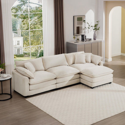 Canapé modulable moderne en velours côtelé, canapé 3 places à assise profonde avec pouf pour salon