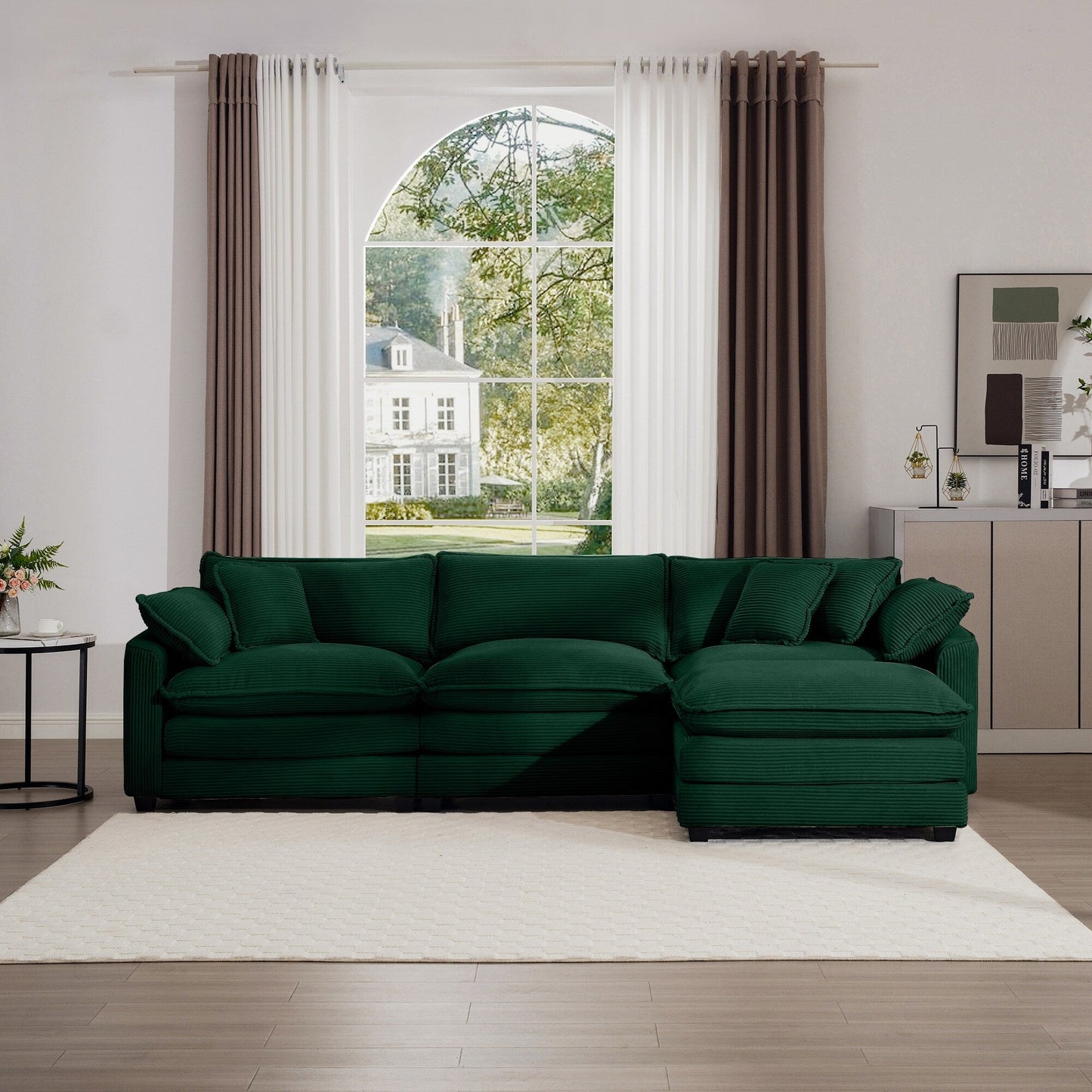 Canapé modulable moderne en velours côtelé, canapé 3 places à assise profonde avec pouf pour salon