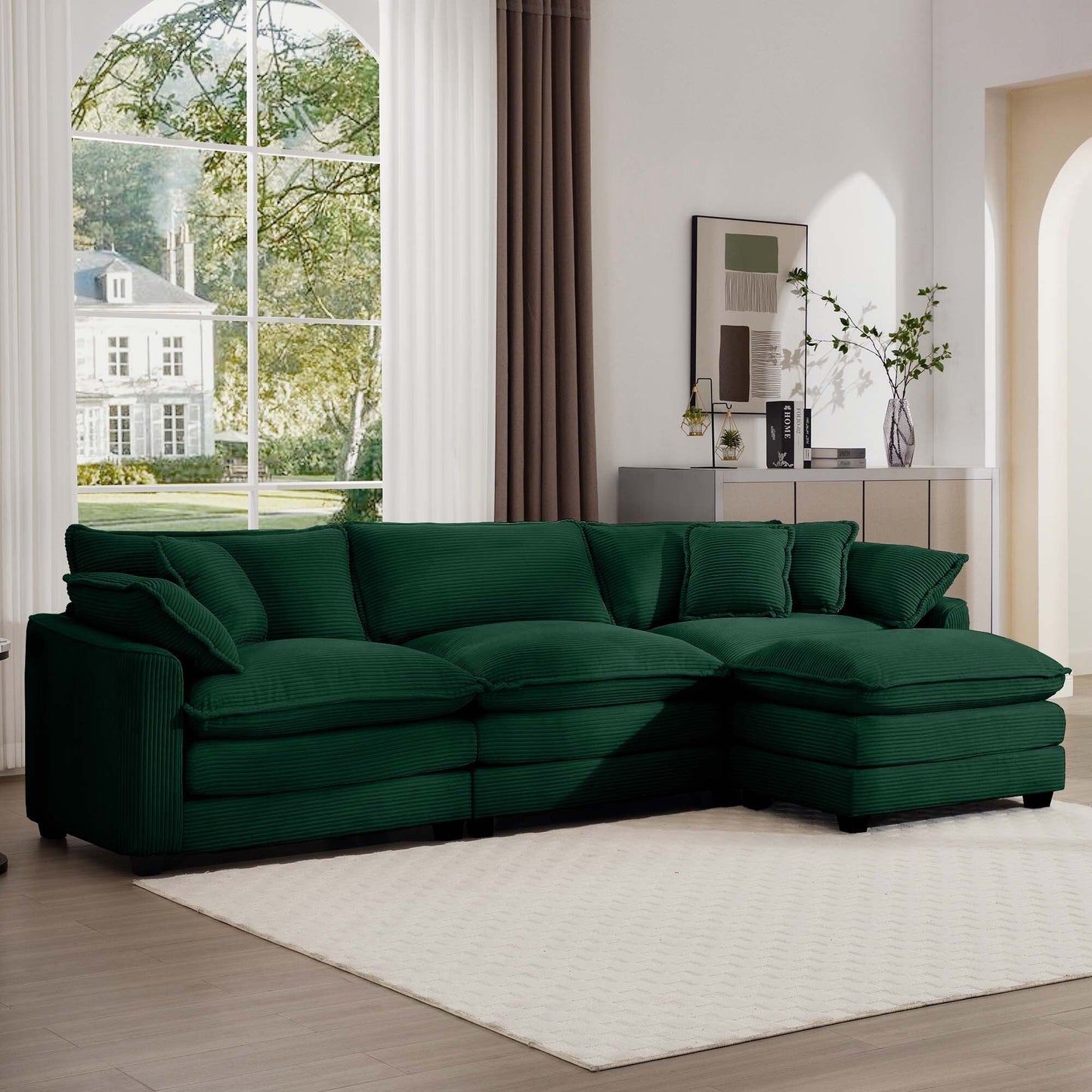 Canapé modulable moderne en velours côtelé, canapé 3 places à assise profonde avec pouf pour salon