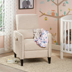 Fauteuil inclinable moderne en tissu avec repose-pieds, détails cloutés et pieds en bois de bouleau