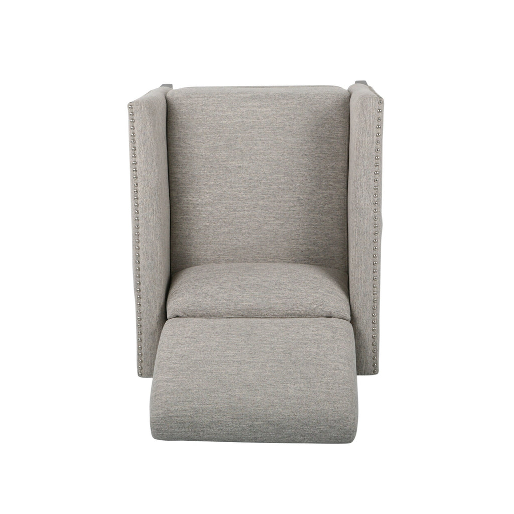 Fauteuil inclinable moderne en tissu avec repose-pieds, détails cloutés et pieds en bois de bouleau