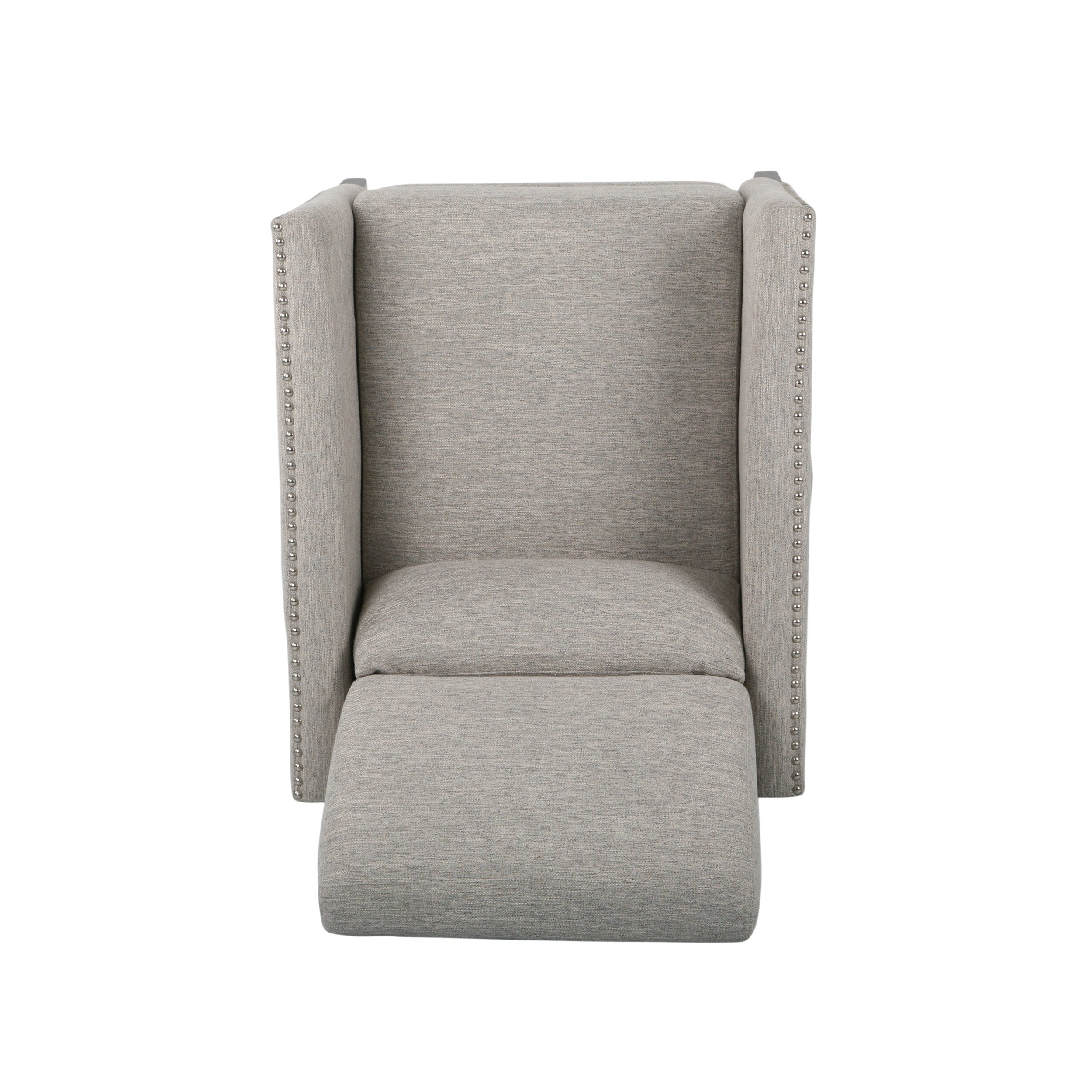 Fauteuil inclinable moderne en tissu avec repose-pieds, détails cloutés et pieds en bois de bouleau