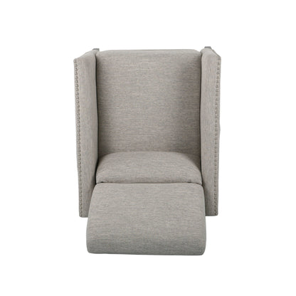Fauteuil inclinable moderne en tissu avec repose-pieds, détails cloutés et pieds en bois de bouleau