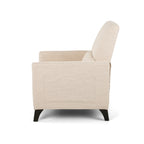 Fauteuil inclinable moderne en tissu avec repose-pieds, détails cloutés et pieds en bois de bouleau