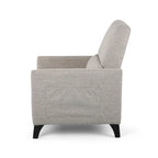 Fauteuil inclinable moderne en tissu avec repose-pieds, détails cloutés et pieds en bois de bouleau
