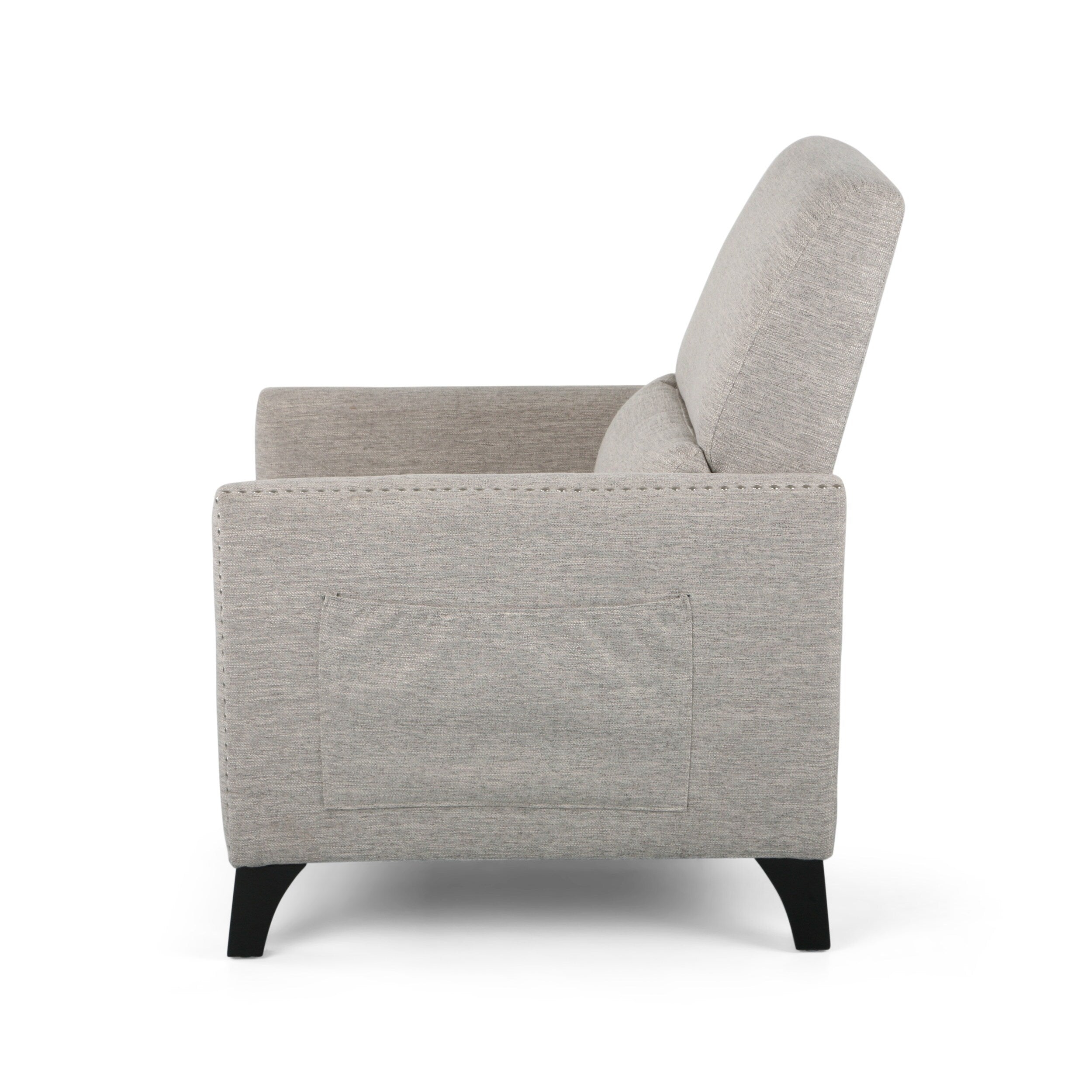 Fauteuil inclinable moderne en tissu avec repose-pieds, détails cloutés et pieds en bois de bouleau