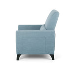 Fauteuil inclinable moderne en tissu avec repose-pieds, détails cloutés et pieds en bois de bouleau