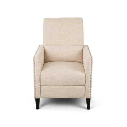 Fauteuil inclinable moderne en tissu avec repose-pieds, détails cloutés et pieds en bois de bouleau