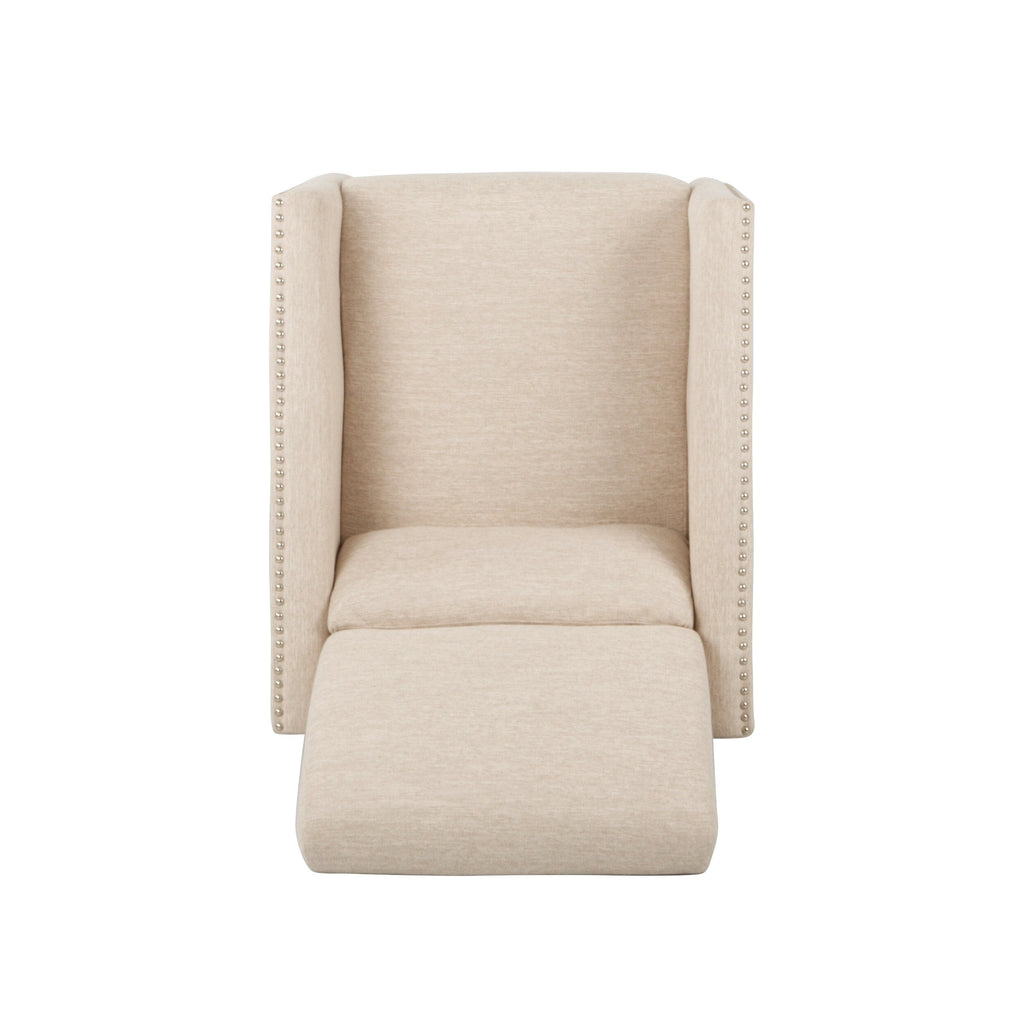 Fauteuil inclinable moderne en tissu avec repose-pieds, détails cloutés et pieds en bois de bouleau