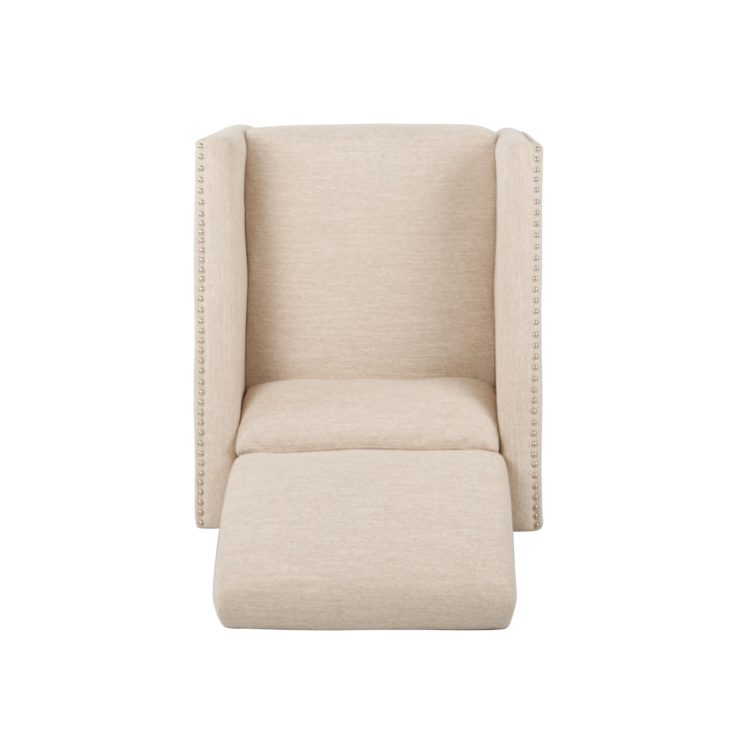 Fauteuil inclinable moderne en tissu avec repose-pieds, détails cloutés et pieds en bois de bouleau