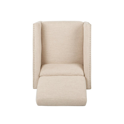 Fauteuil inclinable moderne en tissu avec repose-pieds, détails cloutés et pieds en bois de bouleau