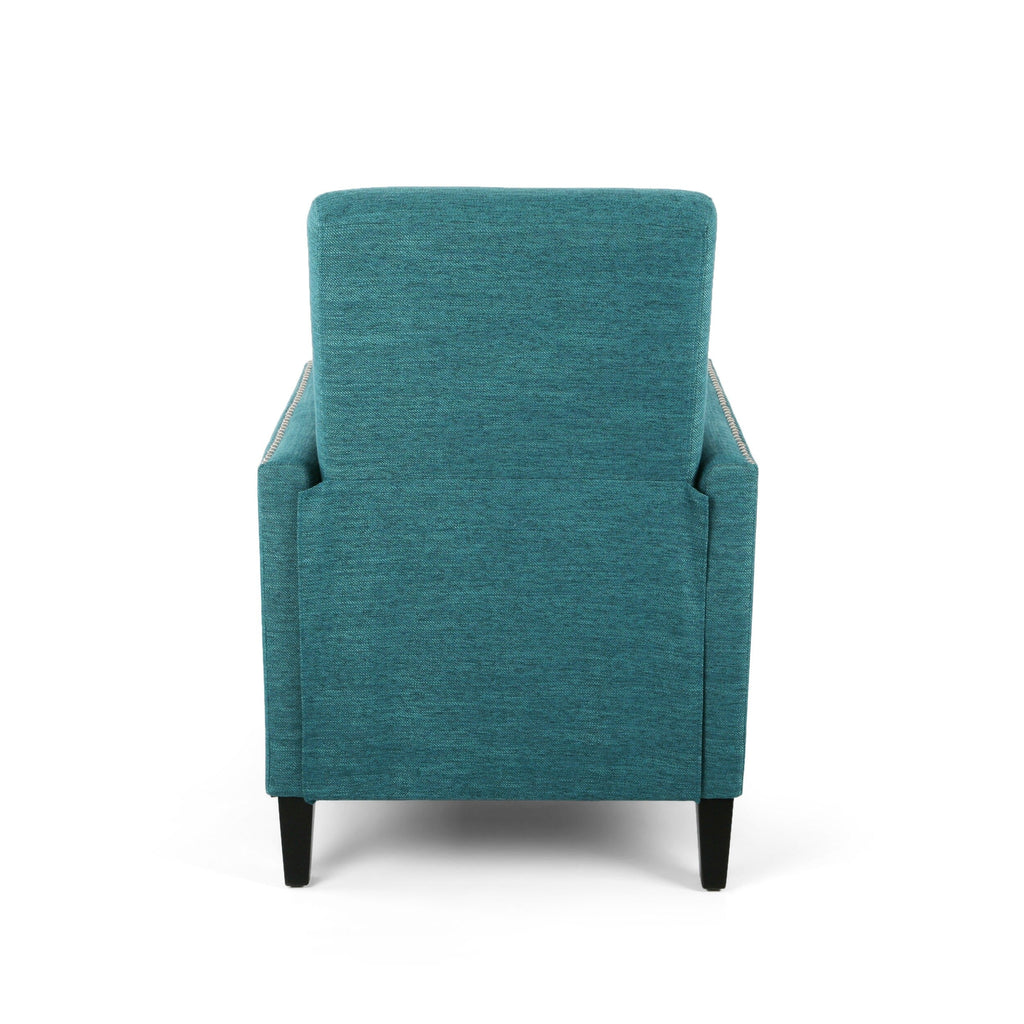 Fauteuil inclinable moderne en tissu avec repose-pieds, détails cloutés et pieds en bois de bouleau