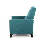 Fauteuil inclinable moderne en tissu avec repose-pieds, détails cloutés et pieds en bois de bouleau