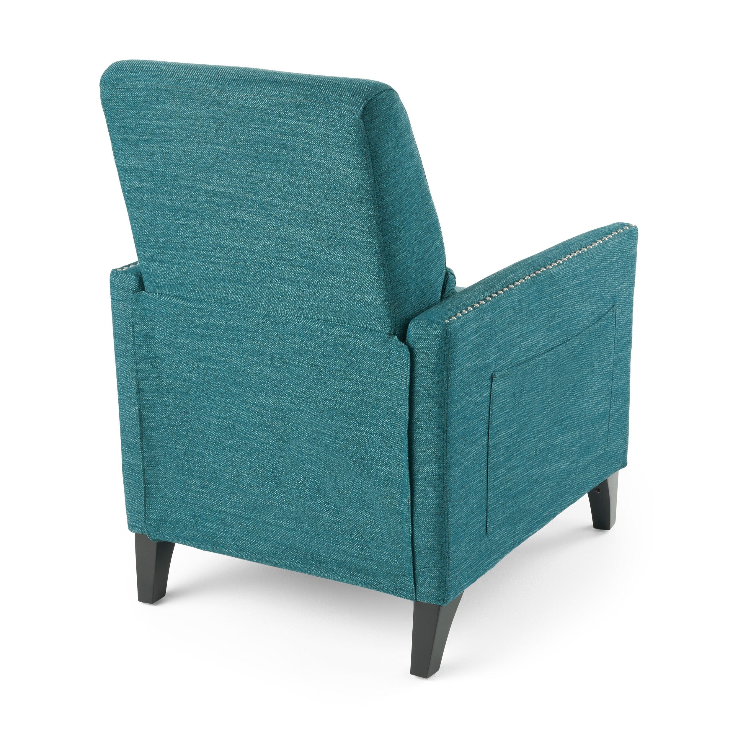 Fauteuil inclinable moderne en tissu avec repose-pieds, détails cloutés et pieds en bois de bouleau