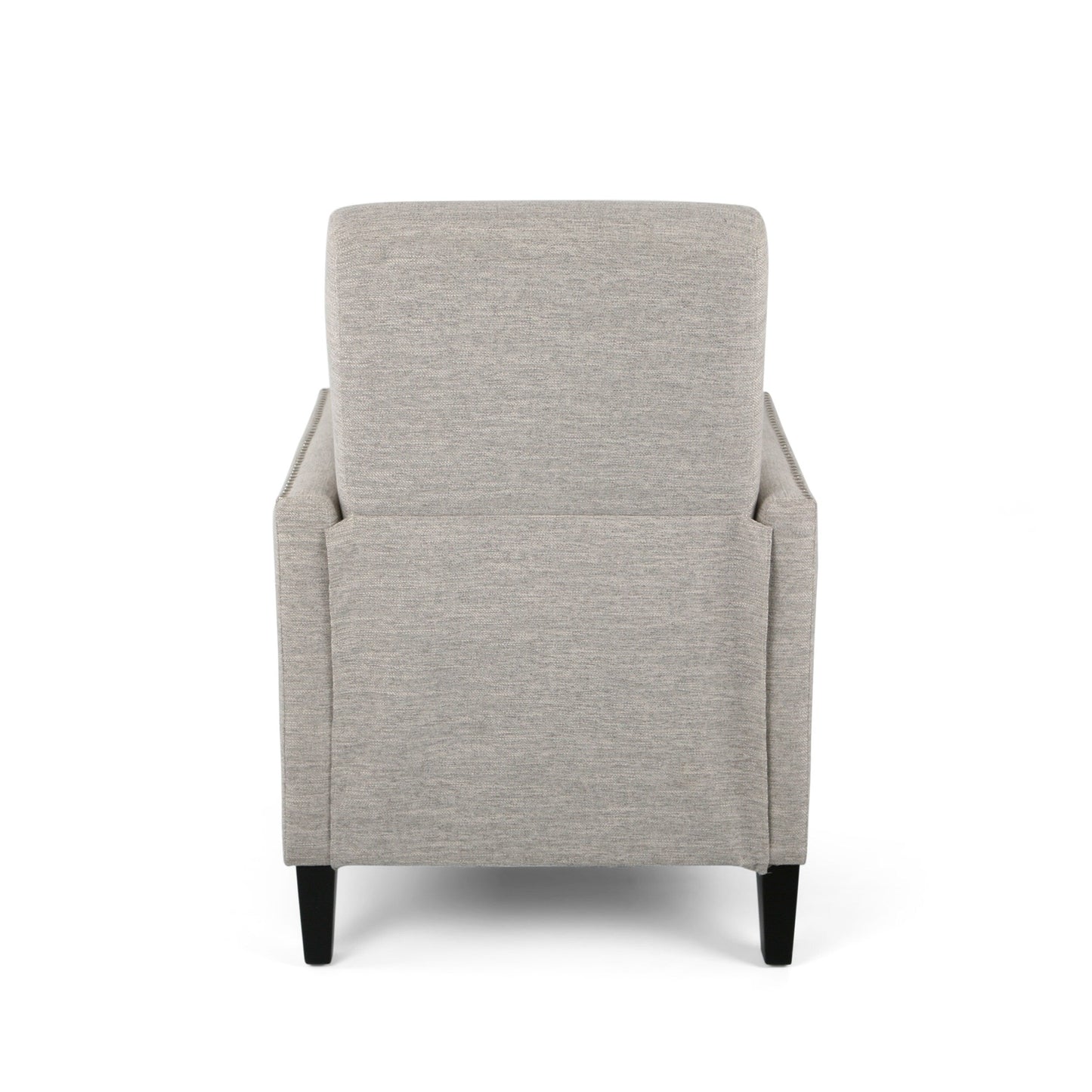 Fauteuil inclinable moderne en tissu avec repose-pieds, détails cloutés et pieds en bois de bouleau