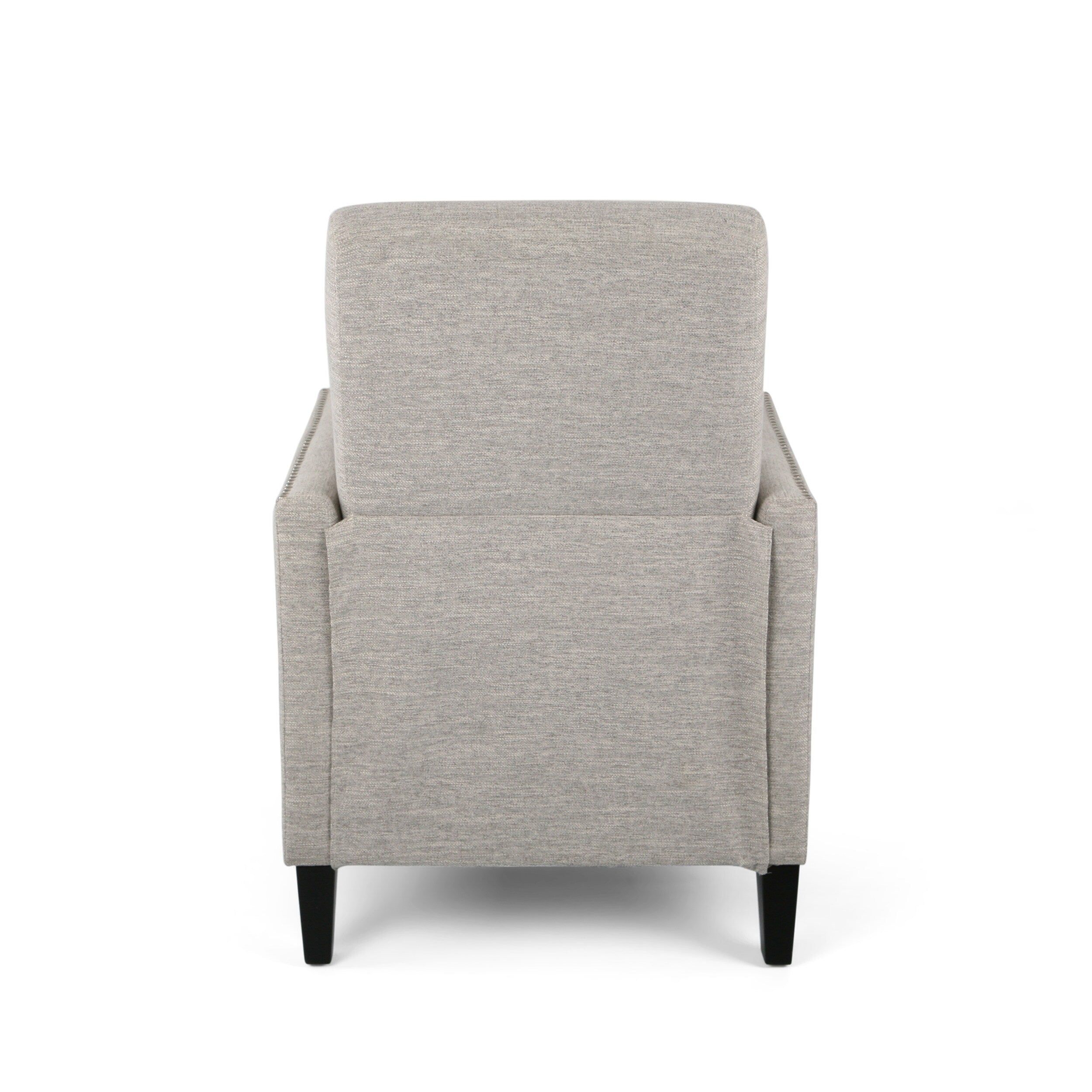 Fauteuil inclinable moderne en tissu avec repose-pieds, détails cloutés et pieds en bois de bouleau