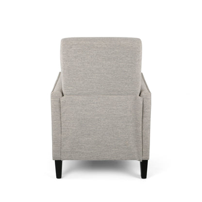 Fauteuil inclinable moderne en tissu avec repose-pieds, détails cloutés et pieds en bois de bouleau