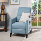Fauteuil inclinable moderne en tissu avec repose-pieds, détails cloutés et pieds en bois de bouleau