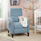 Fauteuil inclinable moderne en tissu avec repose-pieds, détails cloutés et pieds en bois de bouleau