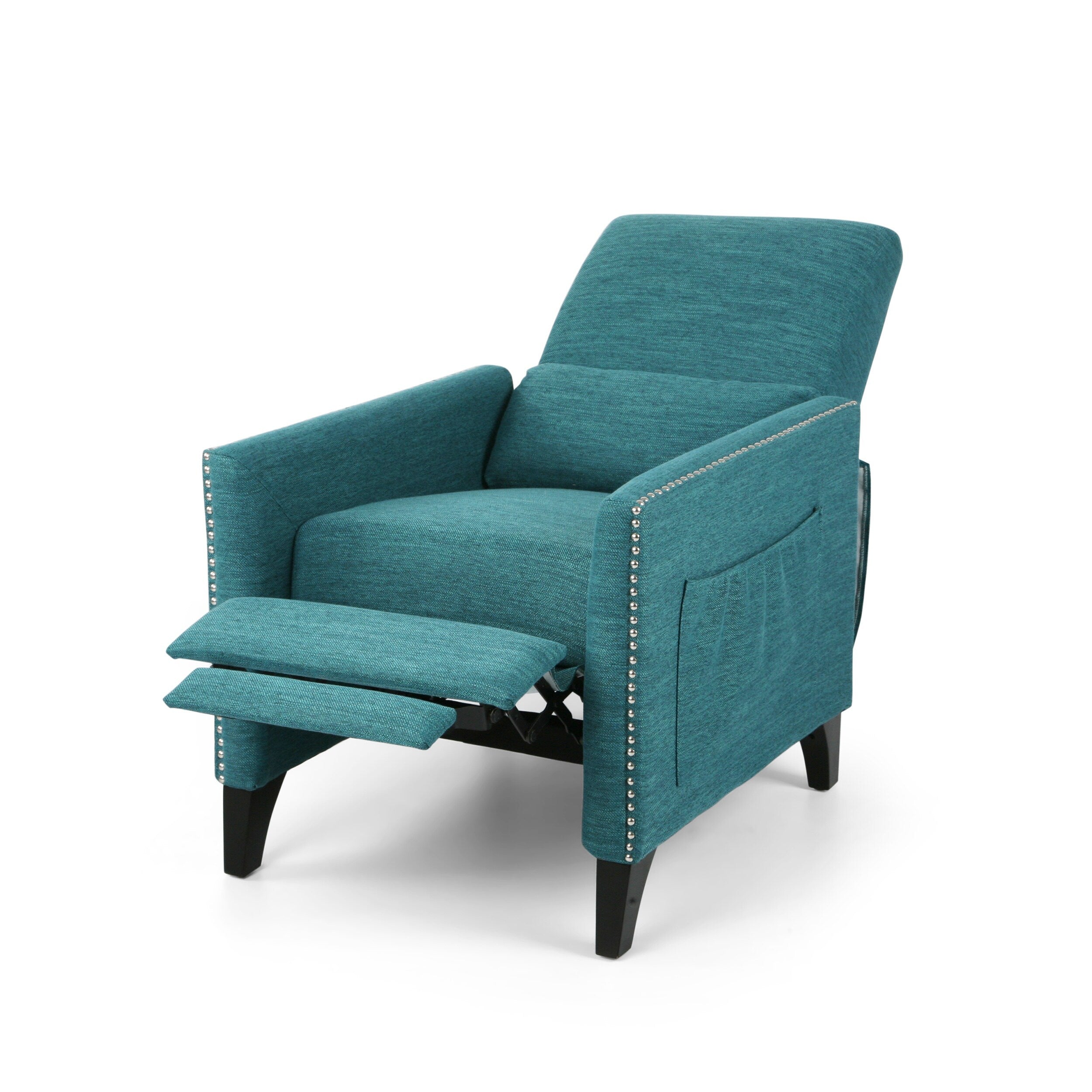 Fauteuil inclinable moderne en tissu avec repose-pieds, détails cloutés et pieds en bois de bouleau