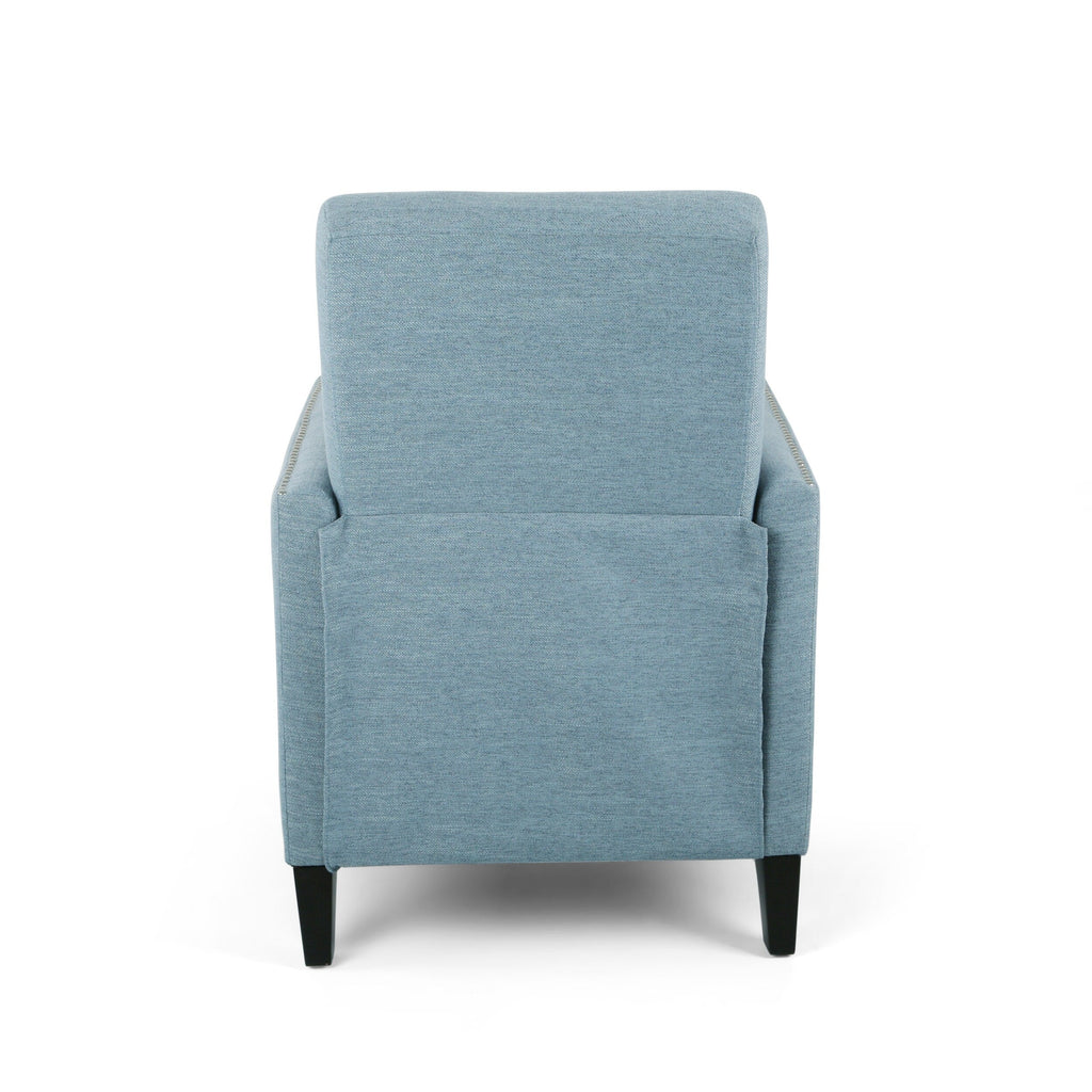 Fauteuil inclinable moderne en tissu avec repose-pieds, détails cloutés et pieds en bois de bouleau