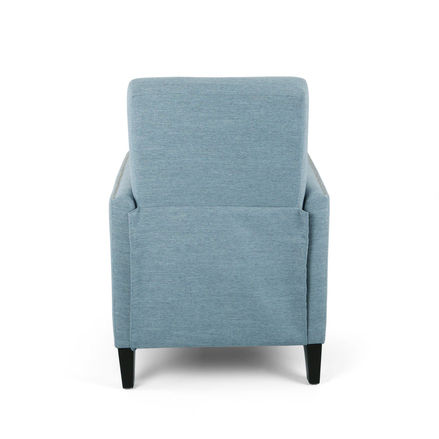 Fauteuil inclinable moderne en tissu avec repose-pieds, détails cloutés et pieds en bois de bouleau