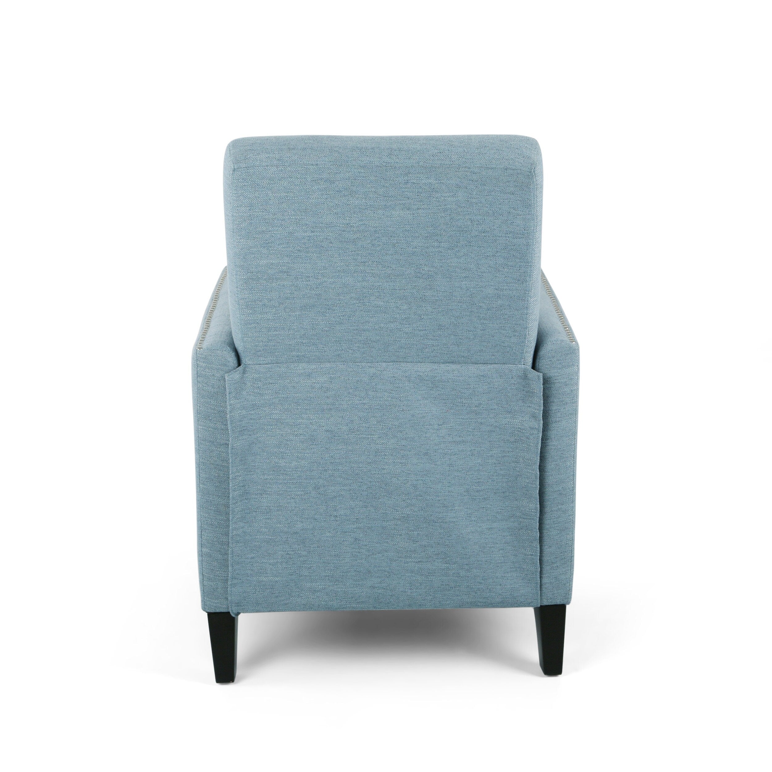 Fauteuil inclinable moderne en tissu avec repose-pieds, détails cloutés et pieds en bois de bouleau