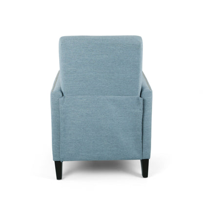 Fauteuil inclinable moderne en tissu avec repose-pieds, détails cloutés et pieds en bois de bouleau