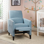 Fauteuil inclinable moderne en tissu avec repose-pieds, détails cloutés et pieds en bois de bouleau