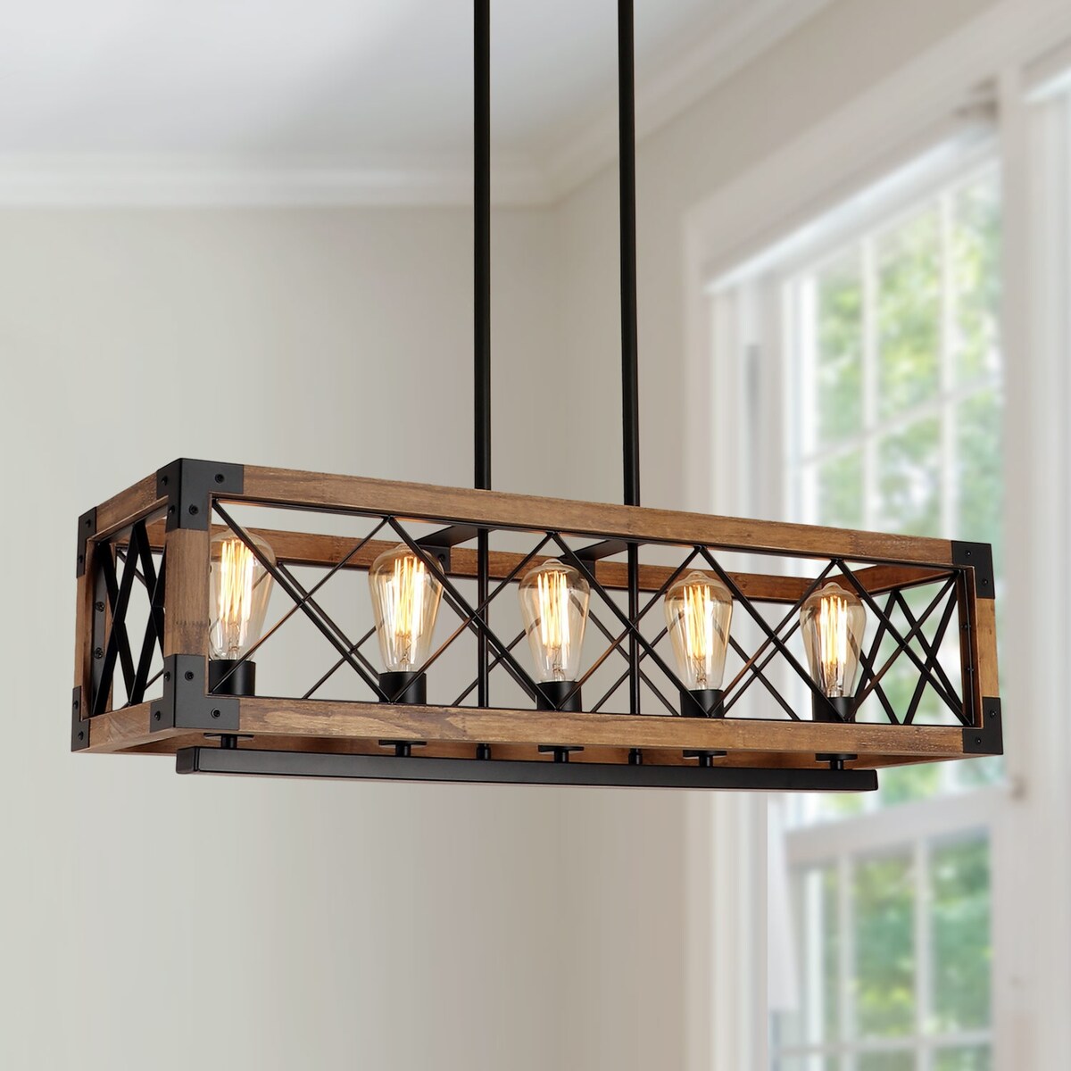 Lustre rectangulaire en bois à 5 lumières de style ferme moderne pour salle à manger - 31,6 L x 10 l x 7,8 H