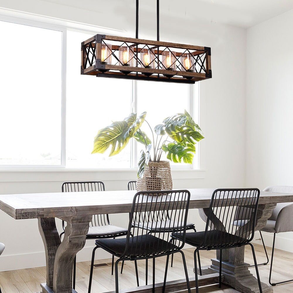 Lustre rectangulaire en bois à 5 lumières de style ferme moderne, éclairage d'îlot de cuisine en verre grainé pour salle à manger - 31,5 L x 8,75 l x 8 H