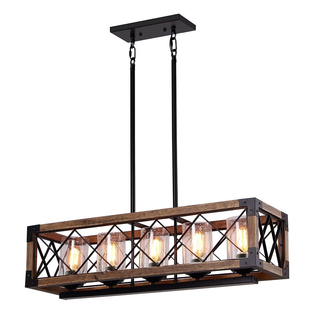 Lustre rectangulaire en bois à 5 lumières de style ferme moderne, éclairage d'îlot de cuisine en verre grainé pour salle à manger - 31,5 L x 8,75 l x 8 H