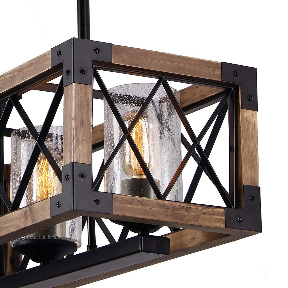 Lustre rectangulaire en bois à 5 lumières de style ferme moderne, éclairage d'îlot de cuisine en verre grainé pour salle à manger - 31,5 L x 8,75 l x 8 H