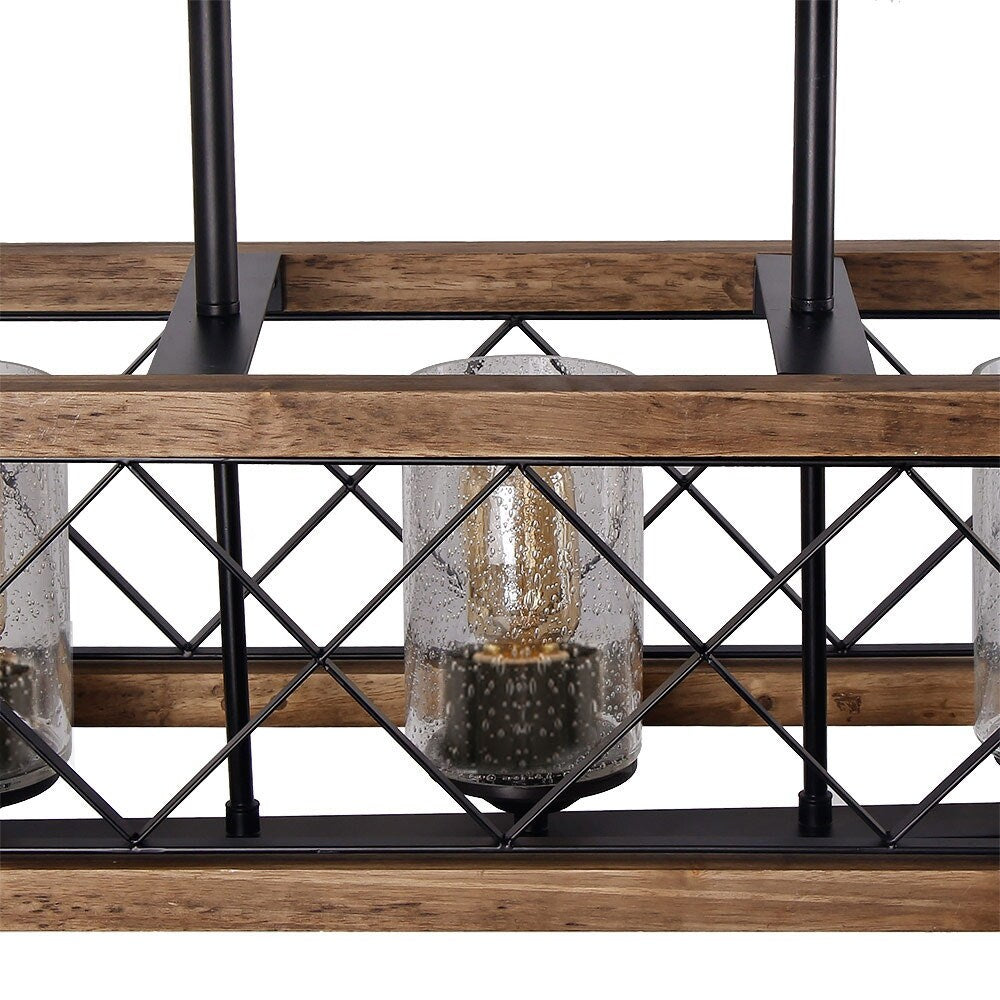 Lustre rectangulaire en bois à 5 lumières de style ferme moderne, éclairage d'îlot de cuisine en verre grainé pour salle à manger - 31,5 L x 8,75 l x 8 H