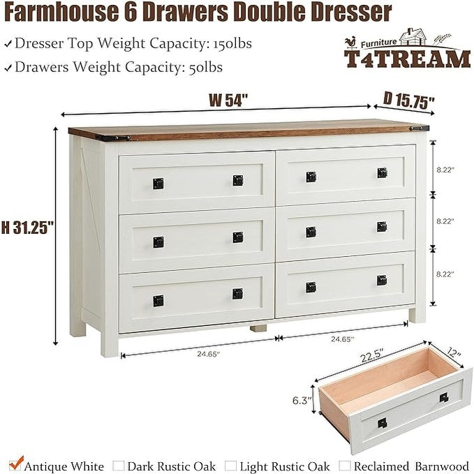 Commode 6 tiroirs style ferme, meuble TV en bois, commode