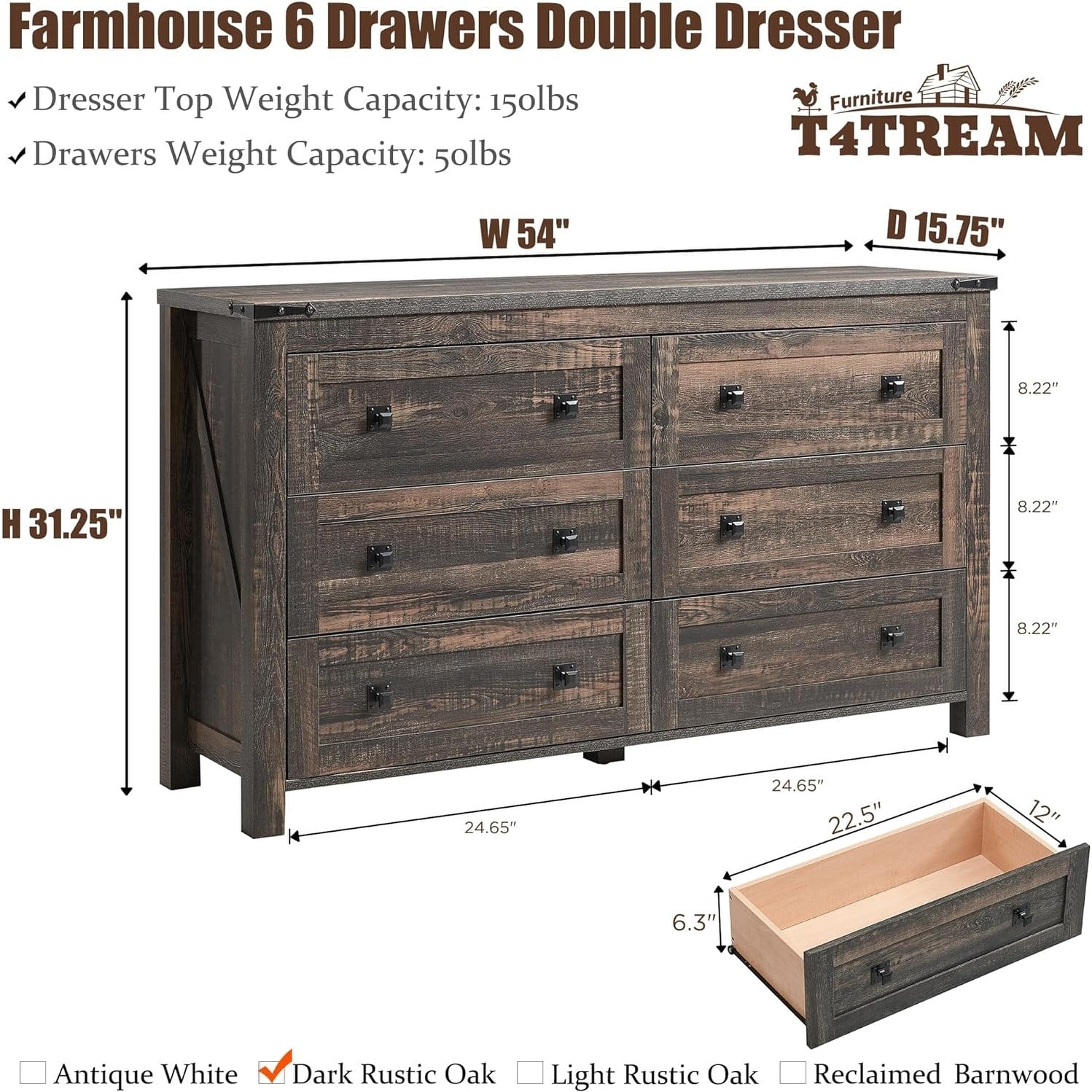 Commode 6 tiroirs style ferme, meuble TV en bois, commode