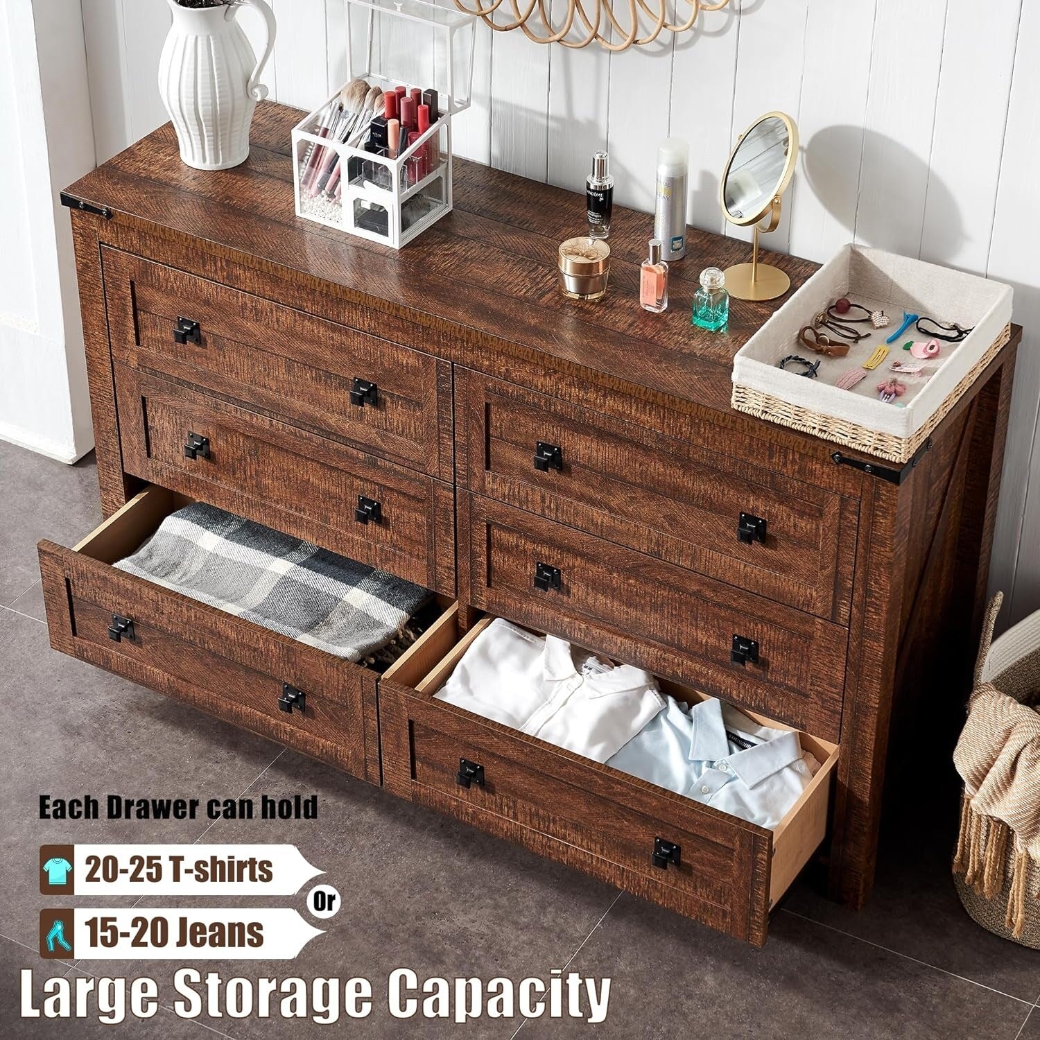 Commode 6 tiroirs style ferme, meuble TV en bois, commode