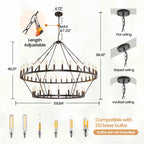 Lustre de ferme moderne à 2 niveaux, lustre rond en forme de roue de chariot, grand plafonnier haut.