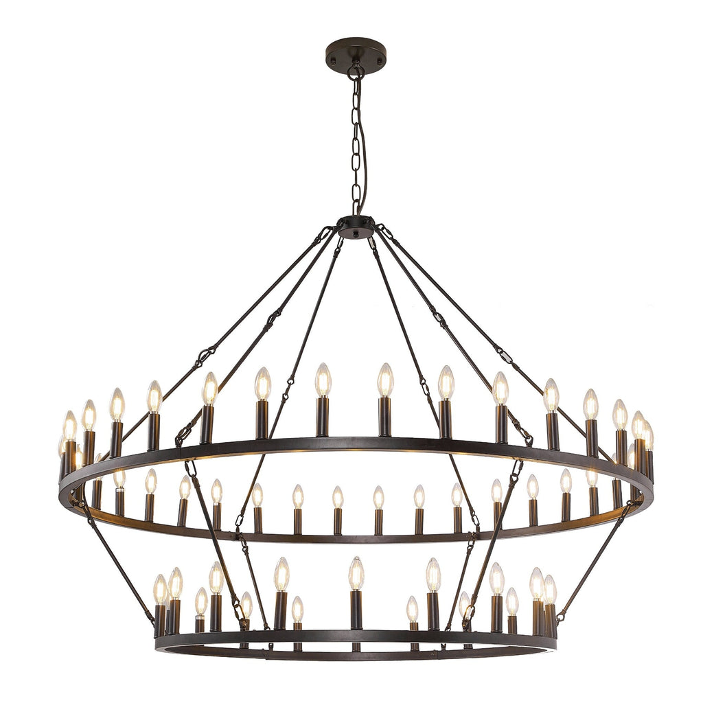 Lustre de ferme moderne à 2 niveaux, lustre rond en forme de roue de chariot, grand plafonnier haut.