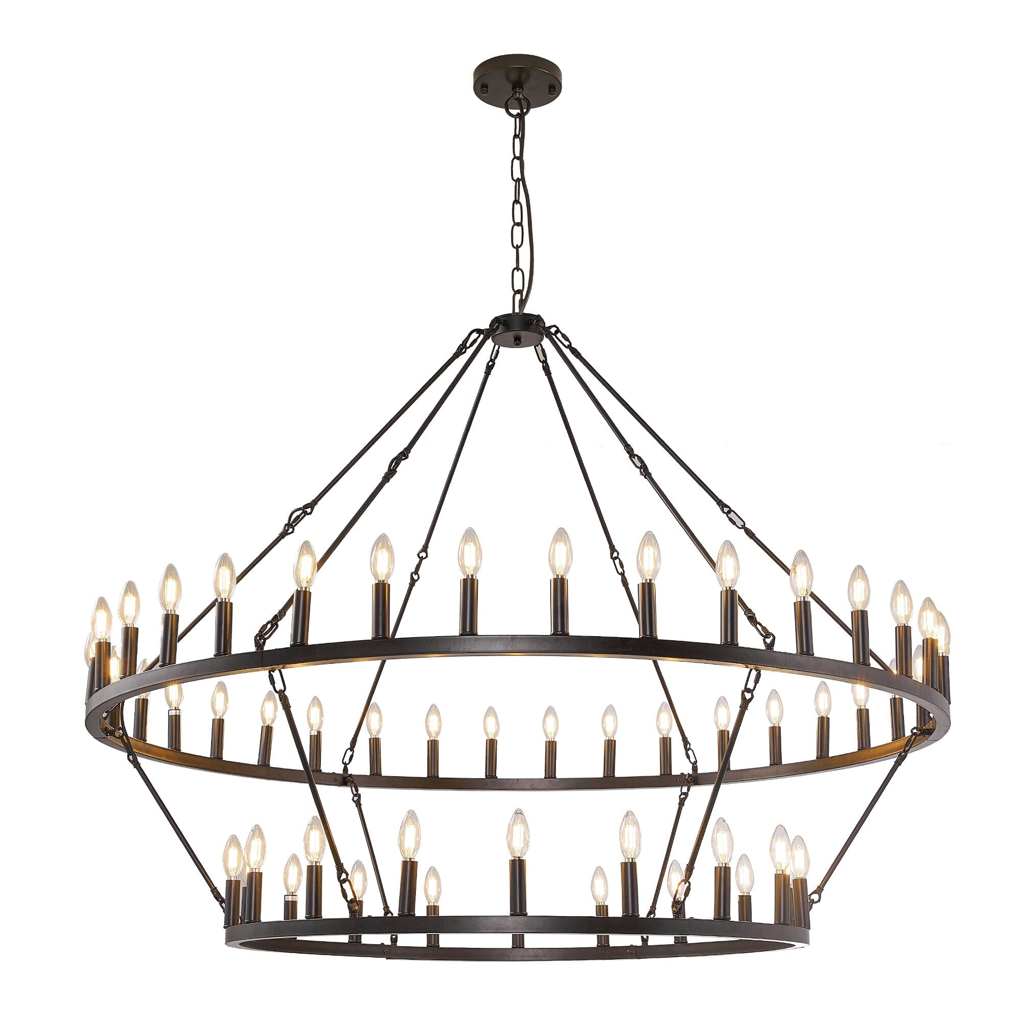 Lustre de ferme moderne à 2 niveaux, lustre rond en forme de roue de chariot, grand plafonnier haut.