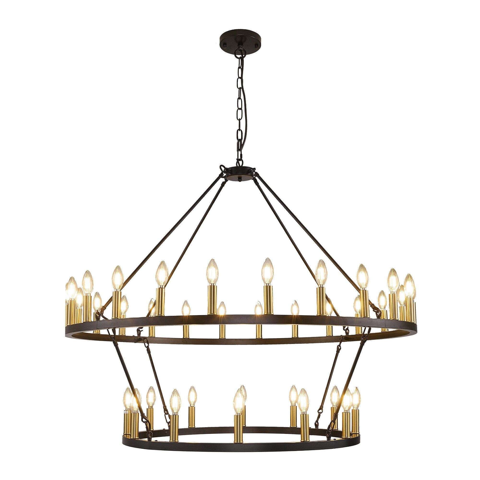 Lustre de ferme moderne à 2 niveaux, lustre rond en forme de roue de chariot, grand plafonnier haut.