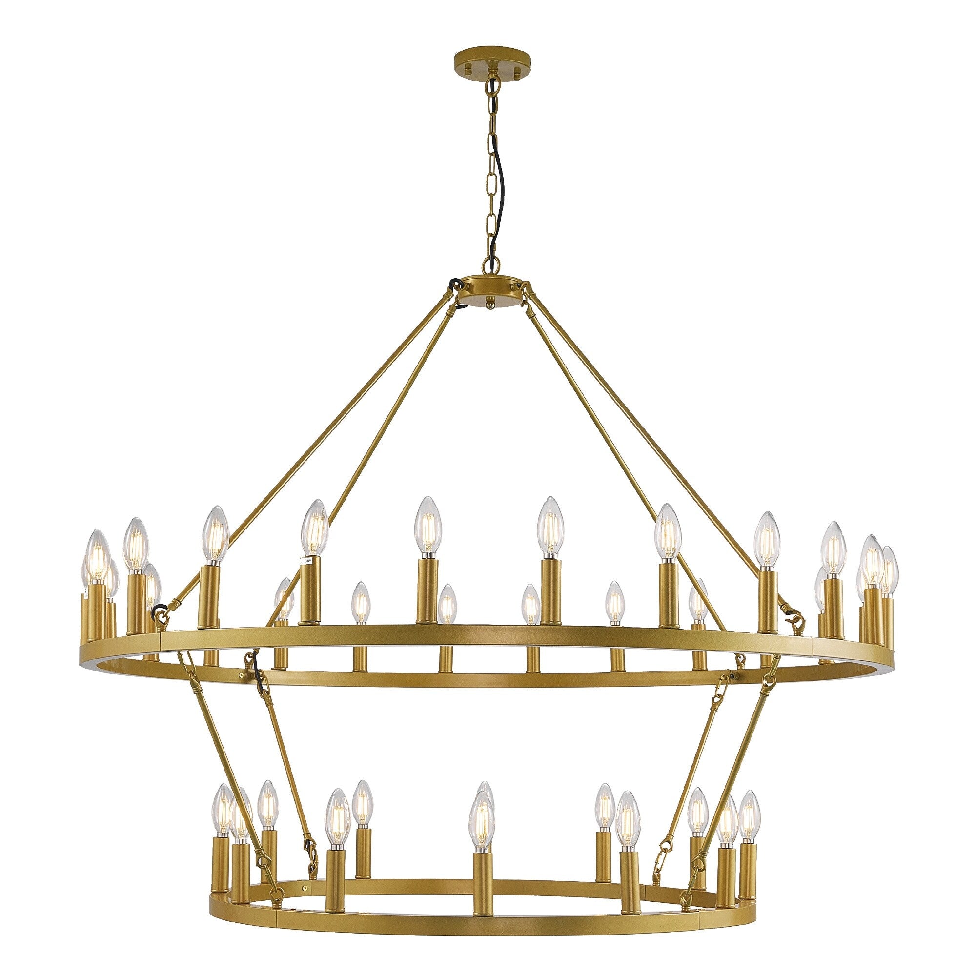 Lustre de ferme moderne à 2 niveaux, lustre rond en forme de roue de chariot, grand plafonnier haut.