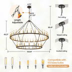 Lustre de ferme moderne à 2 niveaux, lustre rond en forme de roue de chariot, grand plafonnier haut.