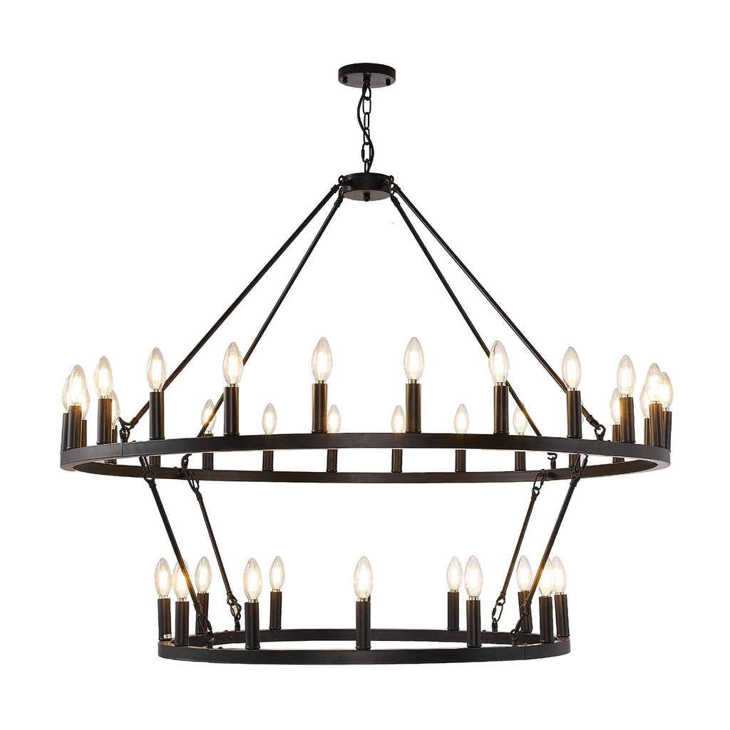 Lustre de ferme moderne à 2 niveaux, lustre rond en forme de roue de chariot, grand plafonnier haut.