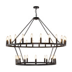 Lustre de ferme moderne à 2 niveaux, lustre rond en forme de roue de chariot, grand plafonnier haut.