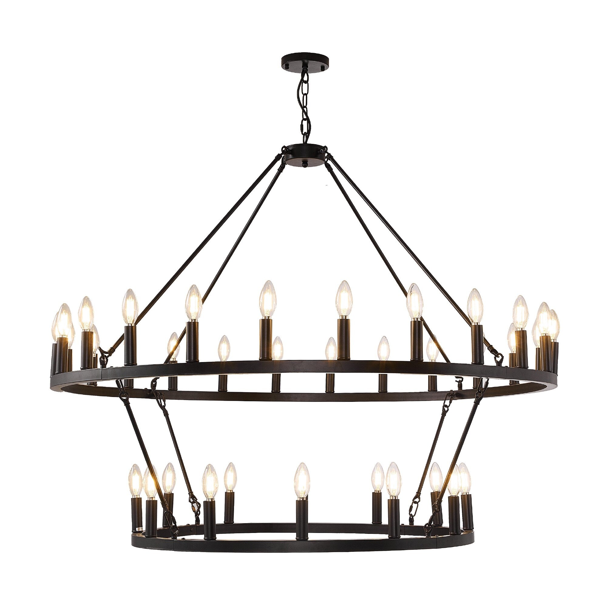 Lustre de ferme moderne à 2 niveaux, lustre rond en forme de roue de chariot, grand plafonnier haut.